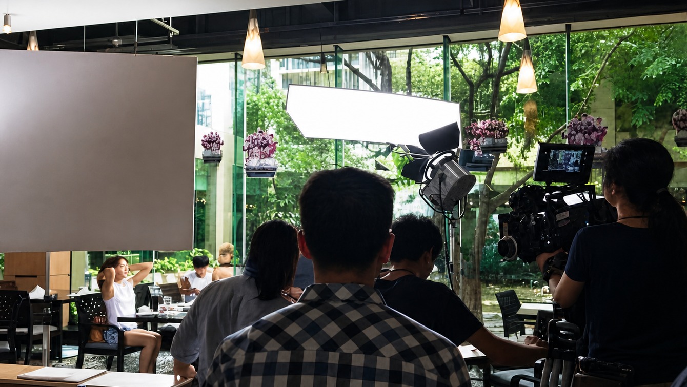 On-set production still with a visible crew figure and camera setup